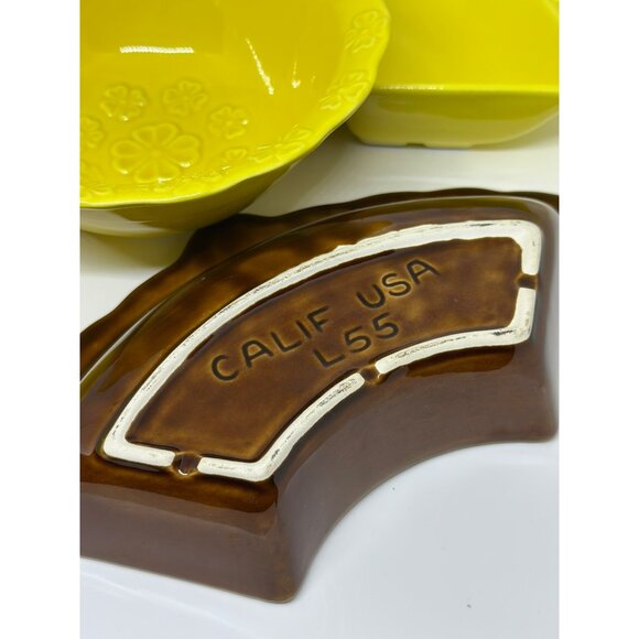VTG California Pottery 5‑Piece Lazy Susan Chip & Dip Set – 12″ Brown Yellow USA - Picture 7 of 9